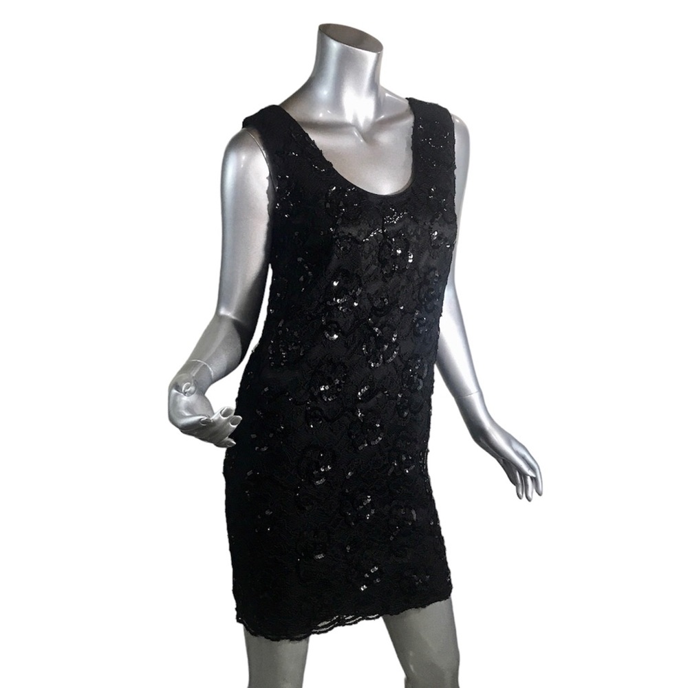 VINTAGE WOMEN’S SMALL TINA HAGEN BLACK SLEEVELSS LACE SEQUINS SHEATH DRESS